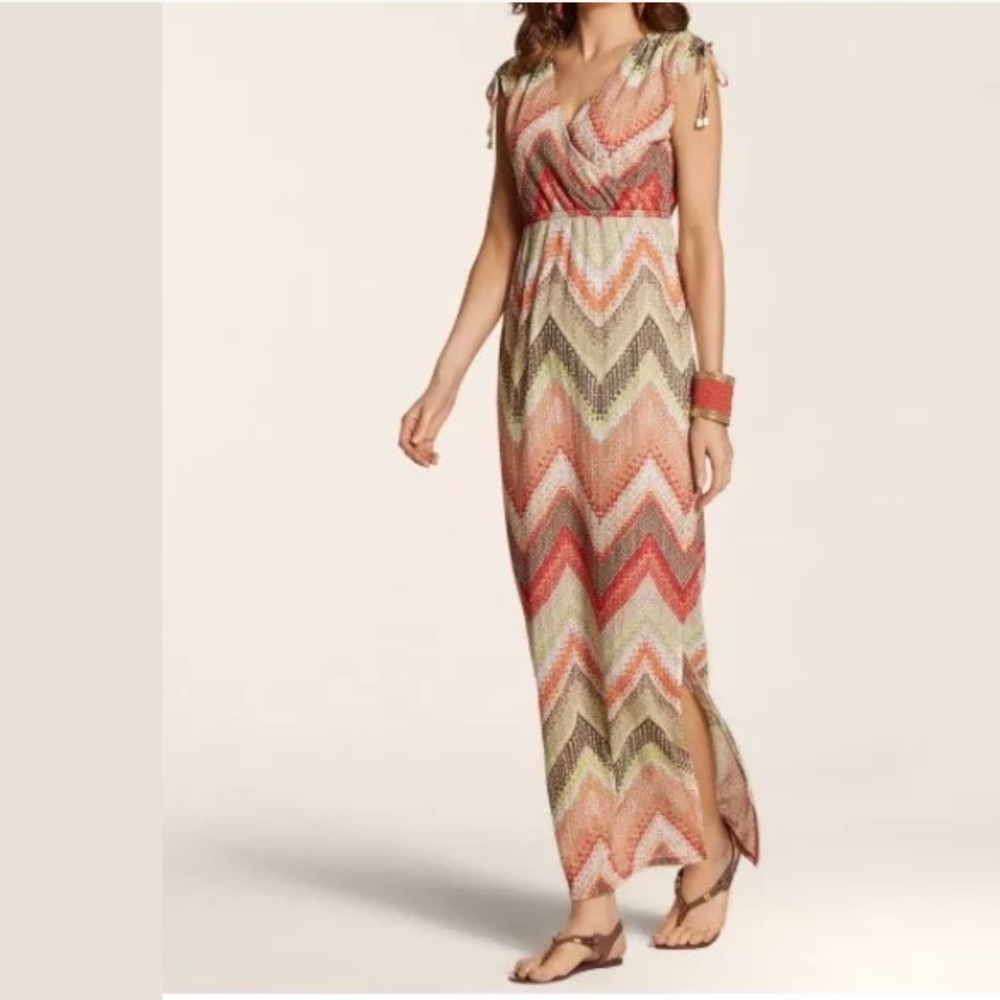 CHICO’S Tessa Chevron Maxi Summer Sun Dress Knit Colorful Crochet Green Orange